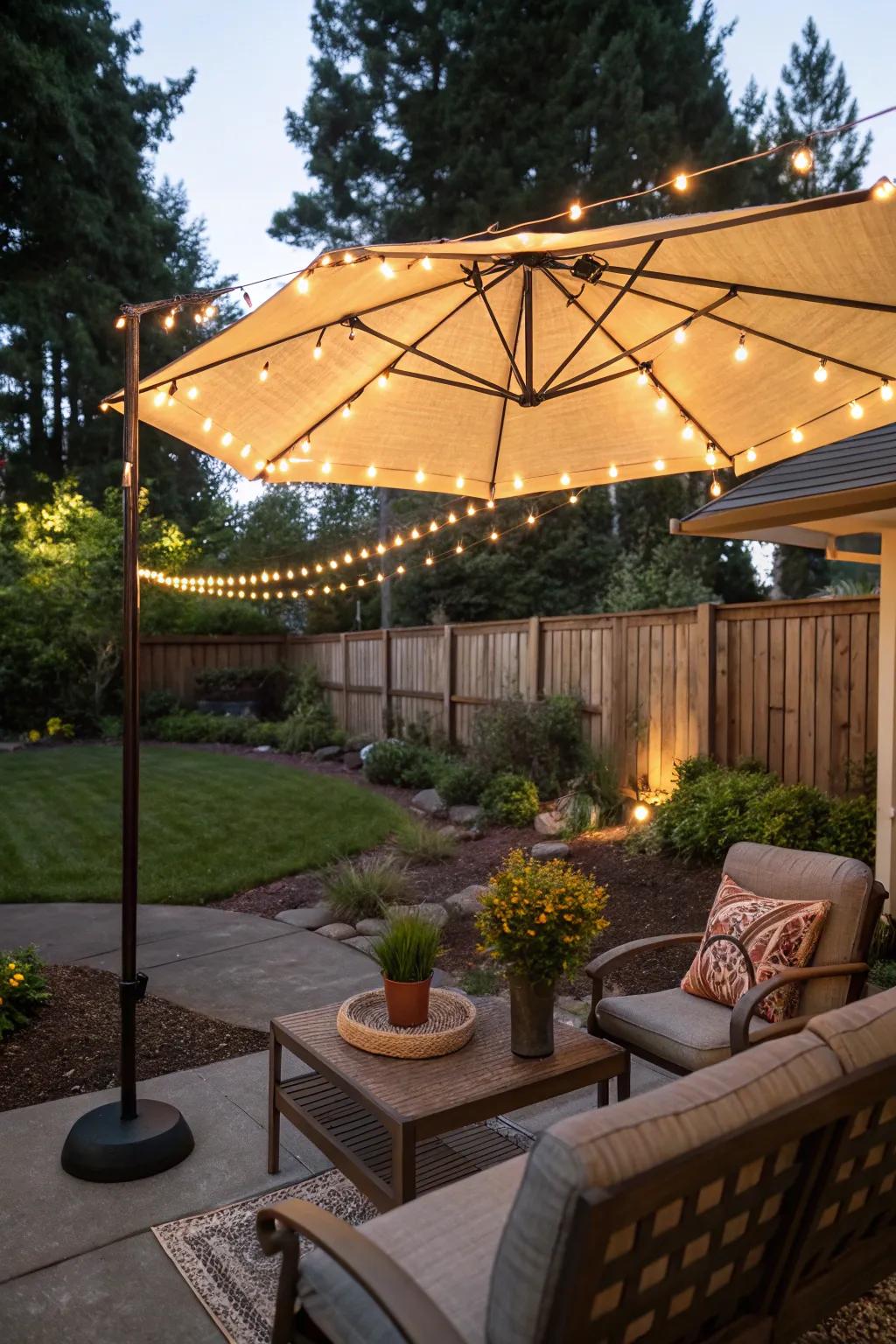 Lighted umbrellas provide stylish and functional illumination for patios.