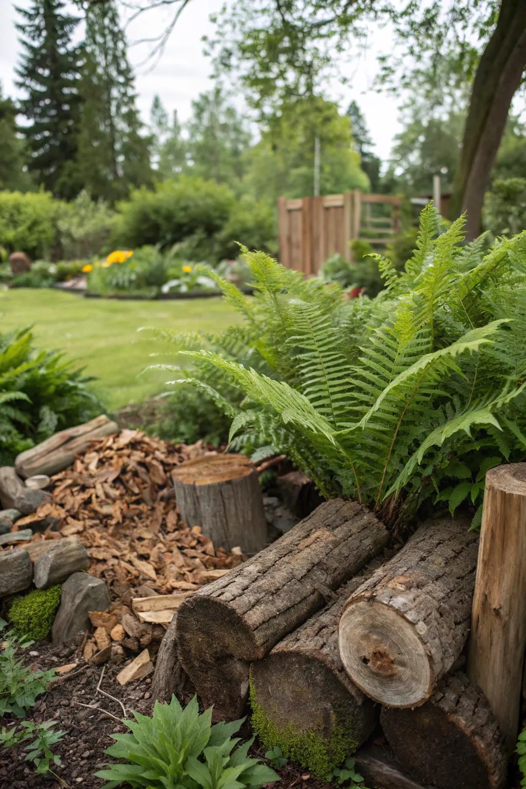 An enchanting stumpery combining wood chips and logs.