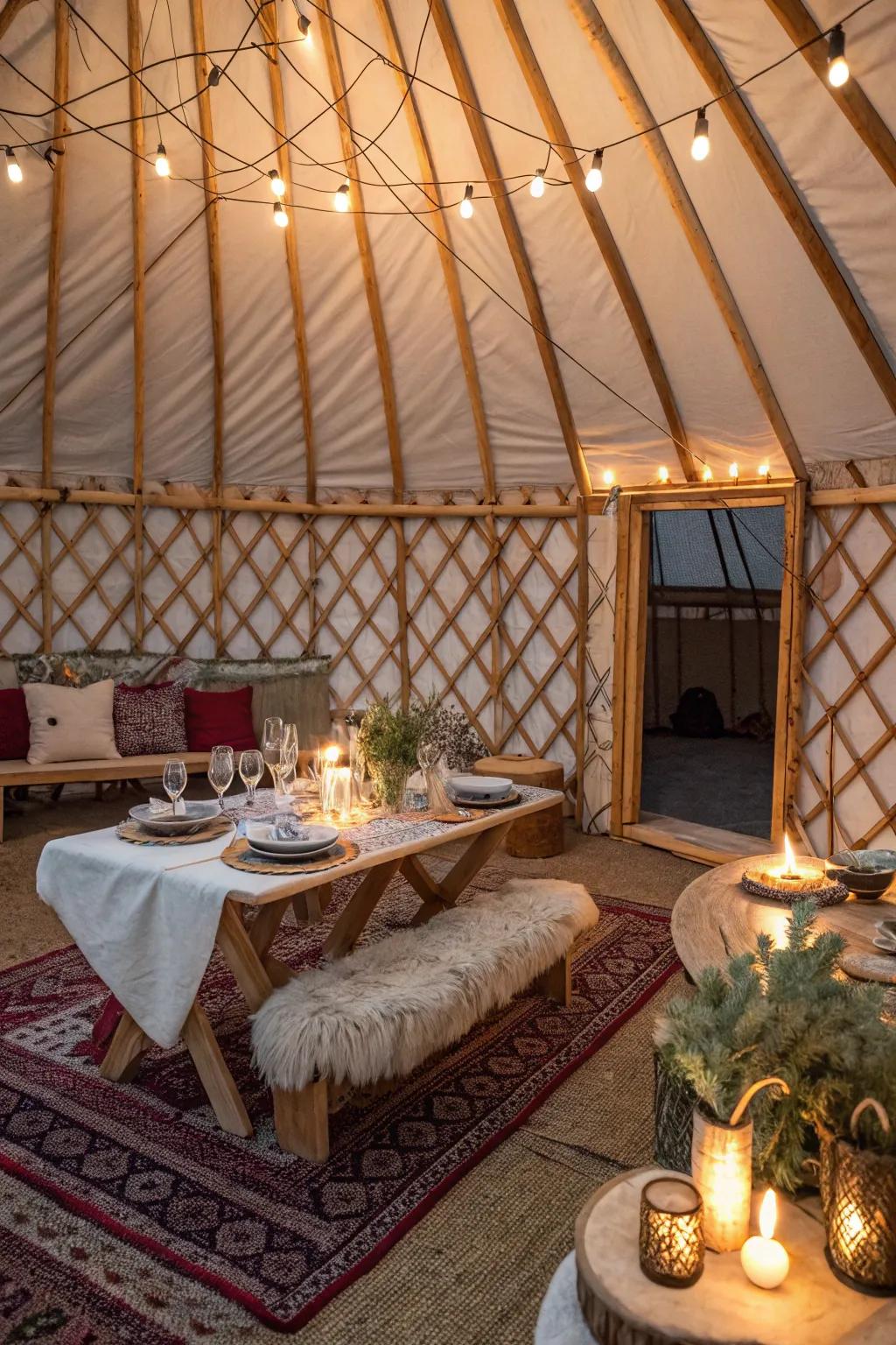 A yurt set up as a charming spot for intimate gatherings.