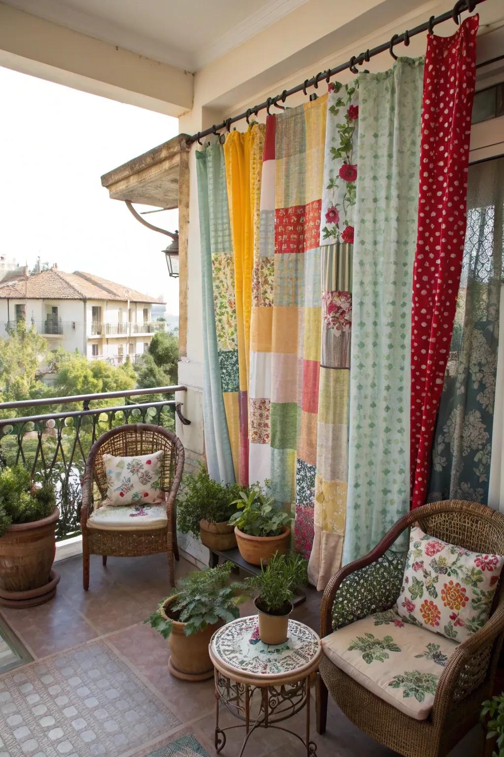 DIY patchwork curtains add a personal and creative touch to your balcony.
