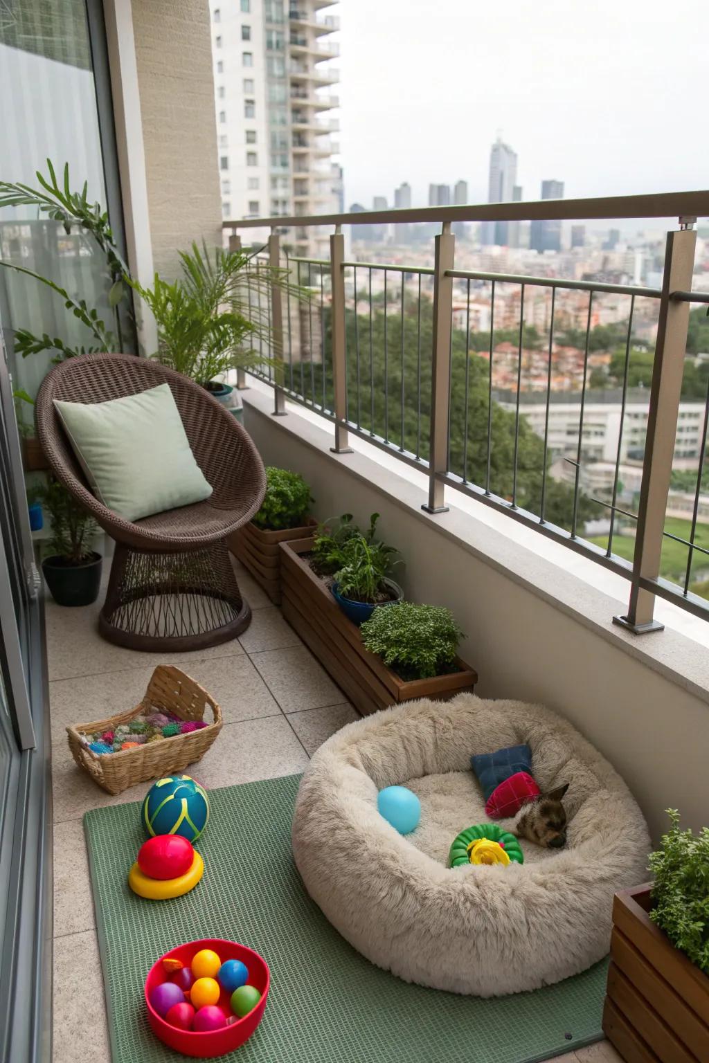 A pet-friendly balcony corner for your furry friends.