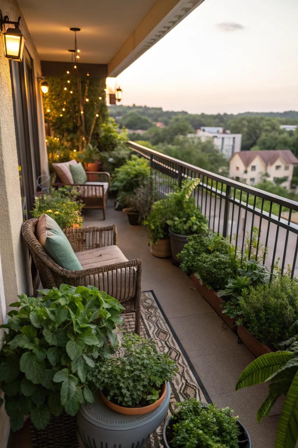 Balcony transformed into a lush, plant-filled oasis.