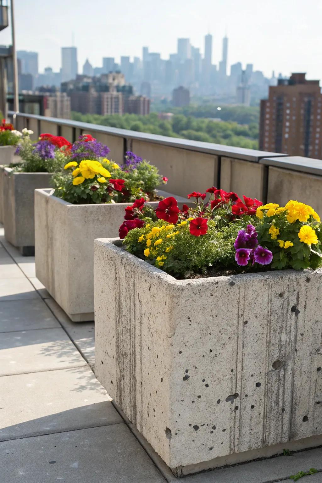 Industrial concrete planters add durability and style.