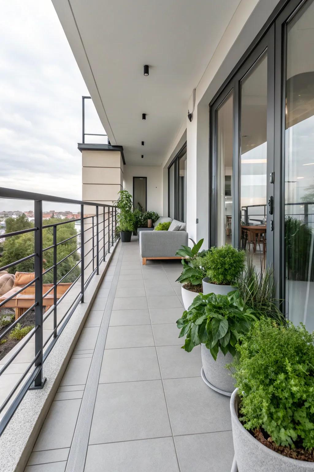 Porcelain tiles provide a seamless and versatile look for balconies.