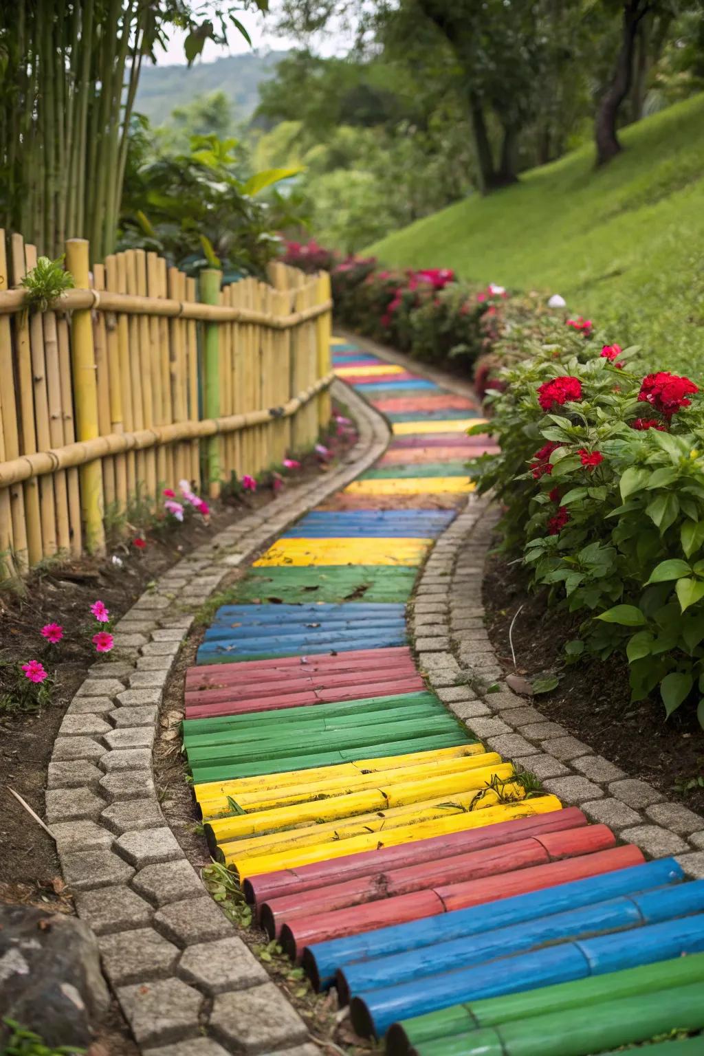 Vibrant painted bamboo garden edge.