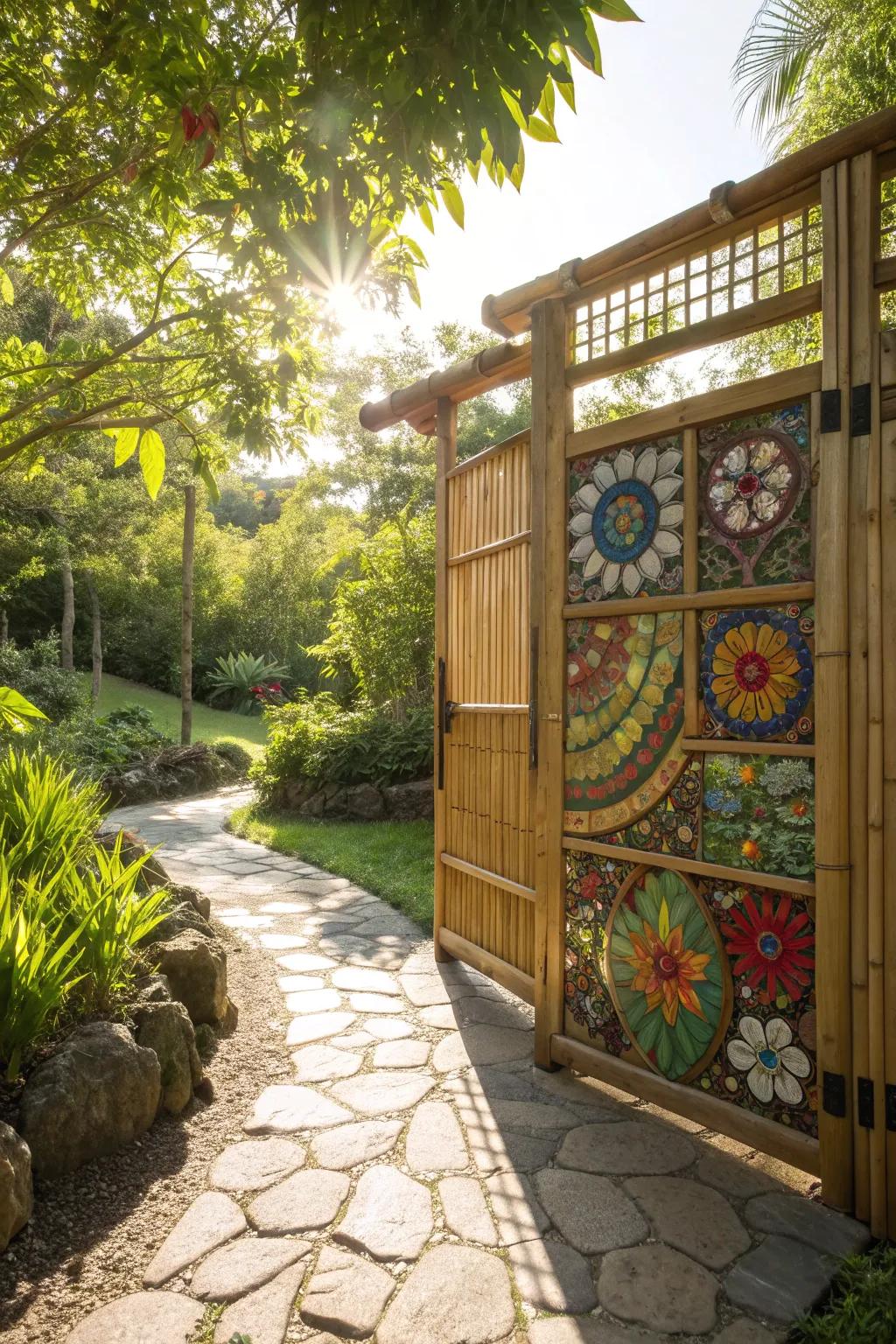 A vibrant bamboo gate featuring artistic mosaic inlays.
