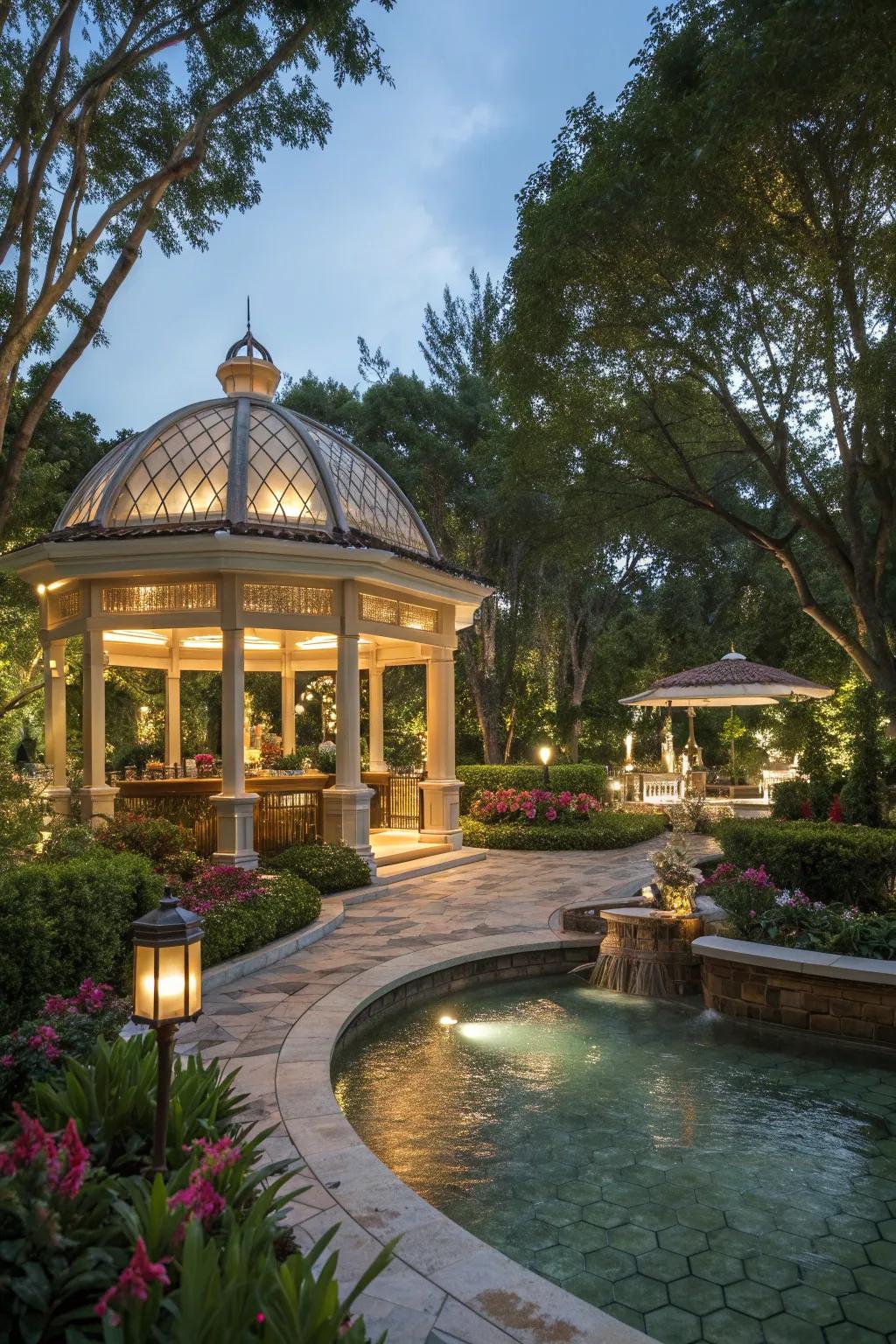 A gazebo bar with a serene water feature for relaxation.