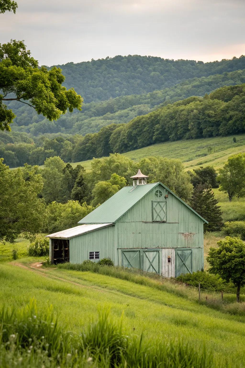 A barn in green tones blending with its natural surroundings.