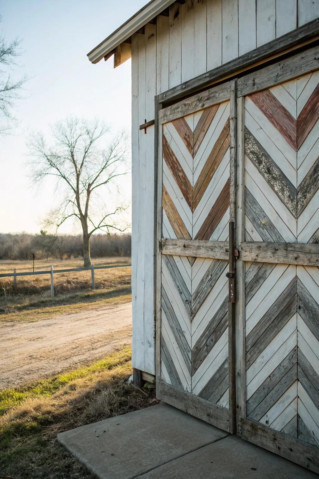 Chevron patterns offer a stylish twist to traditional barn doors.