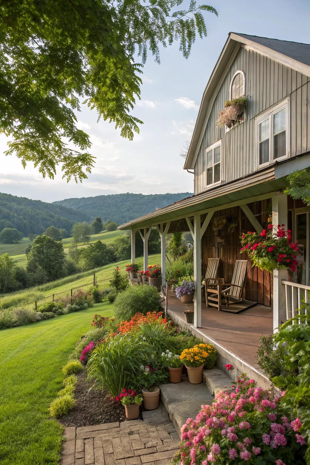 A barn with a wrap-around porch perfect for enjoying the outdoors.