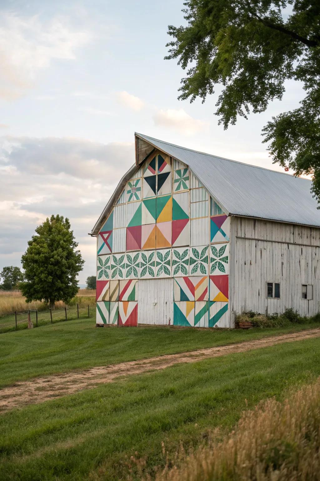 A barn adorned with playful geometric patterns, adding personality to the landscape.