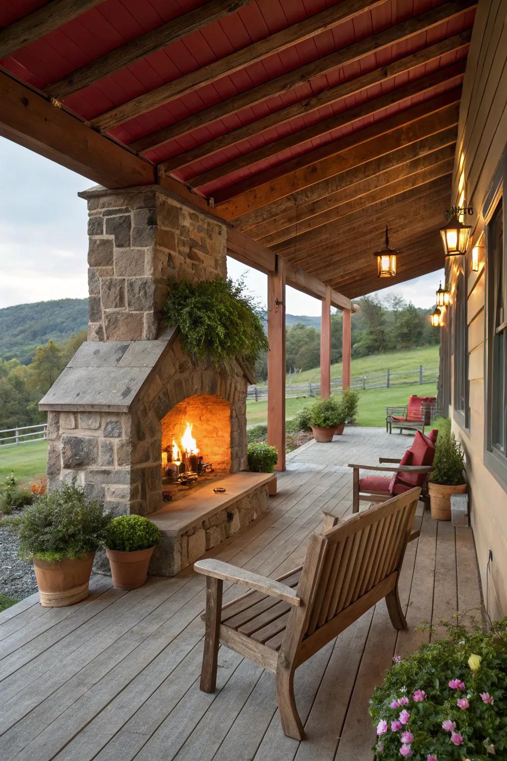 An outdoor fireplace on a barn porch, perfect for warmth and ambiance.