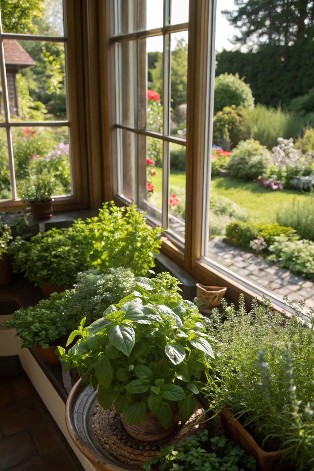 Herb gardens around bay windows blend aesthetics with practicality.