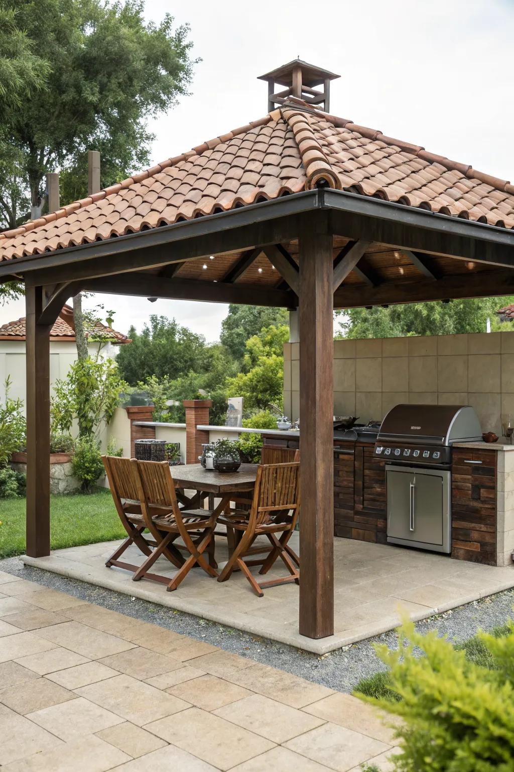 Opt for timeless elegance with a tiled roof pavilion.