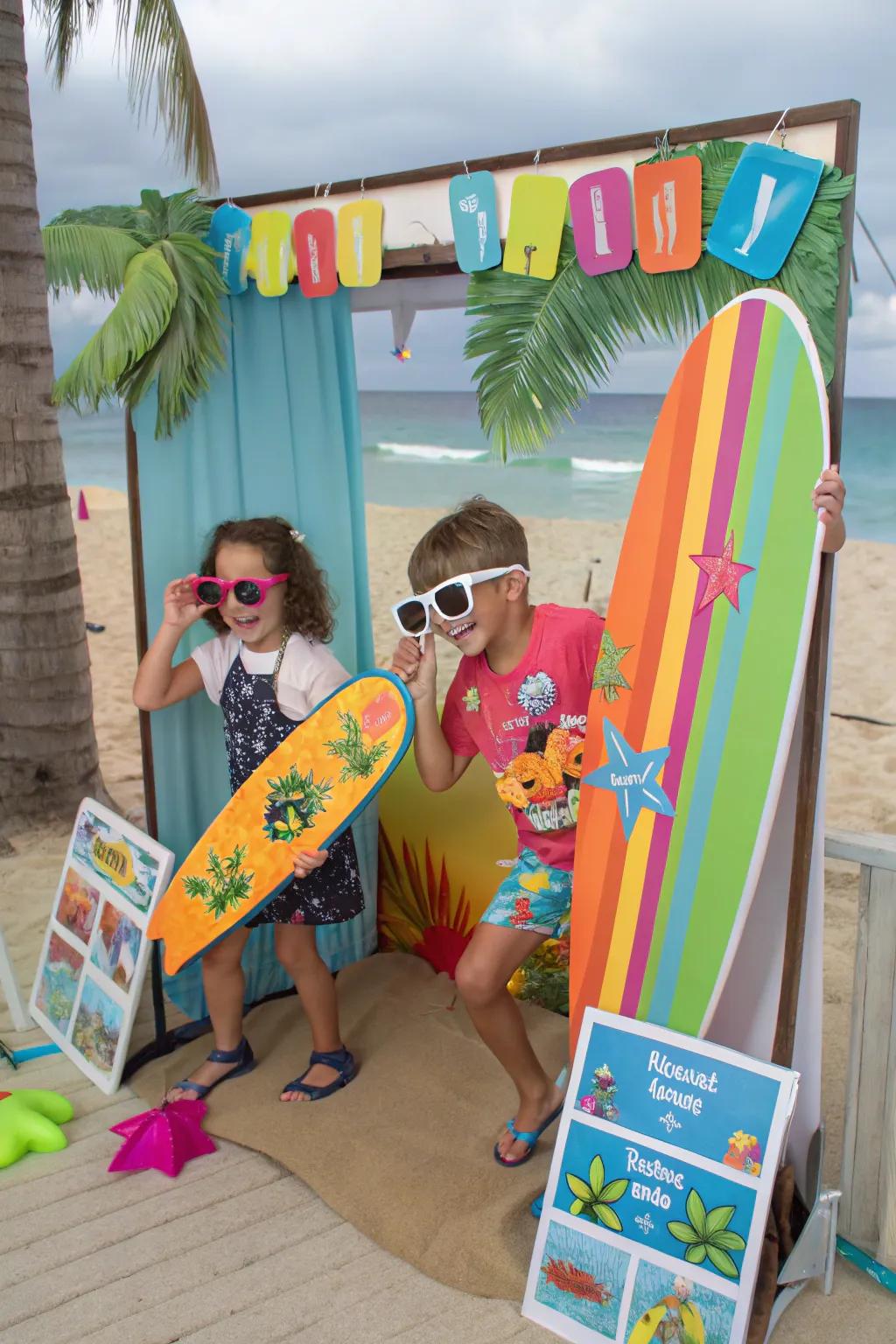 A playful beach photo booth capturing joyful moments.
