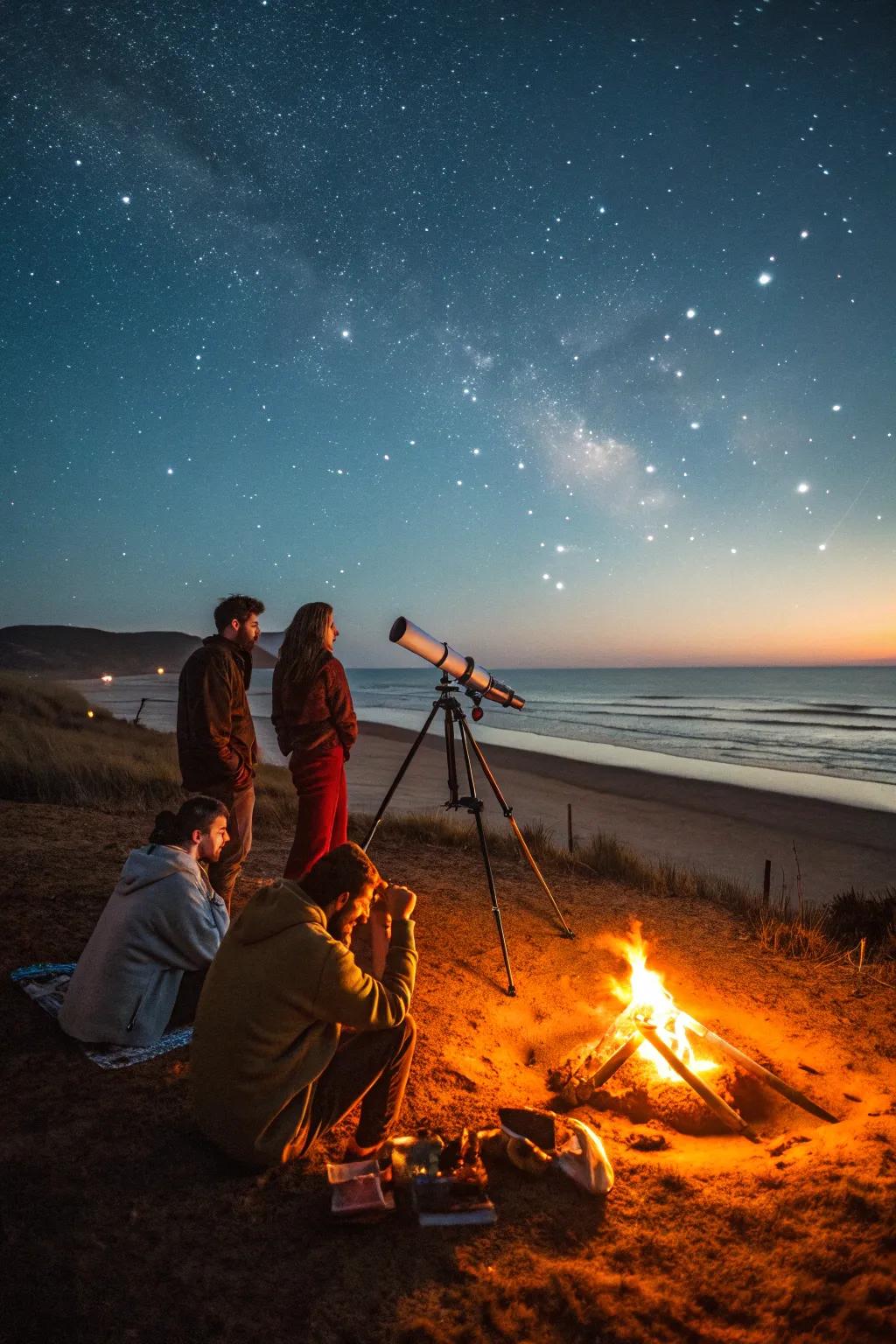 Stargazing adds a touch of wonder to a beach bonfire night.