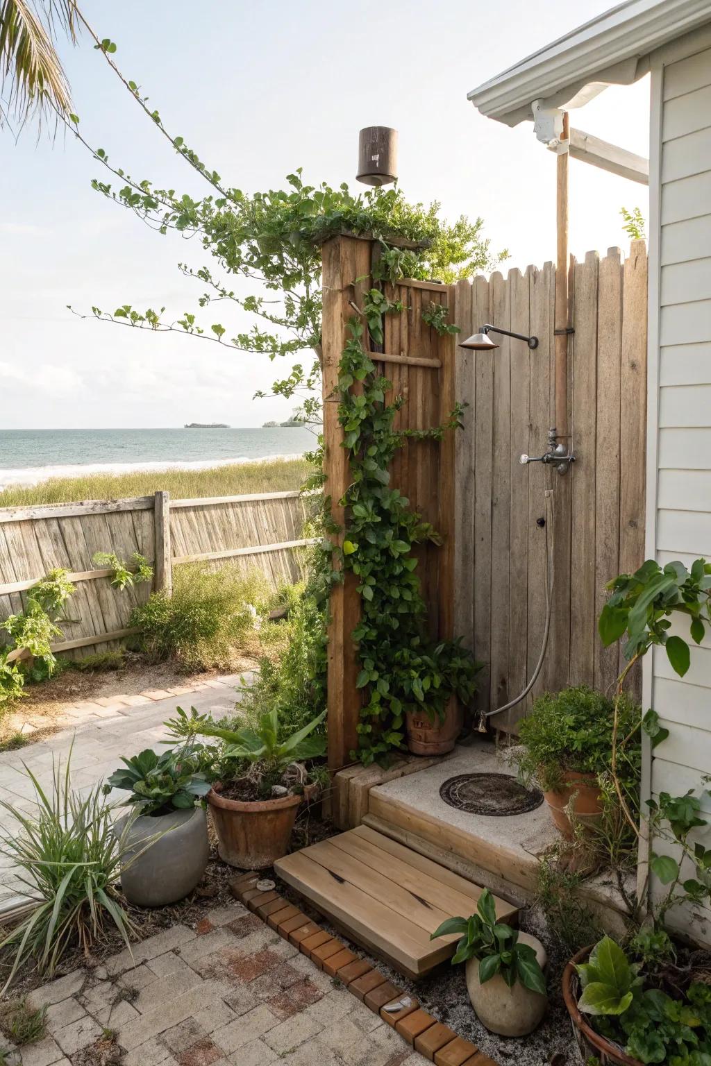 Greenery adds freshness and vibrancy to this outdoor shower.