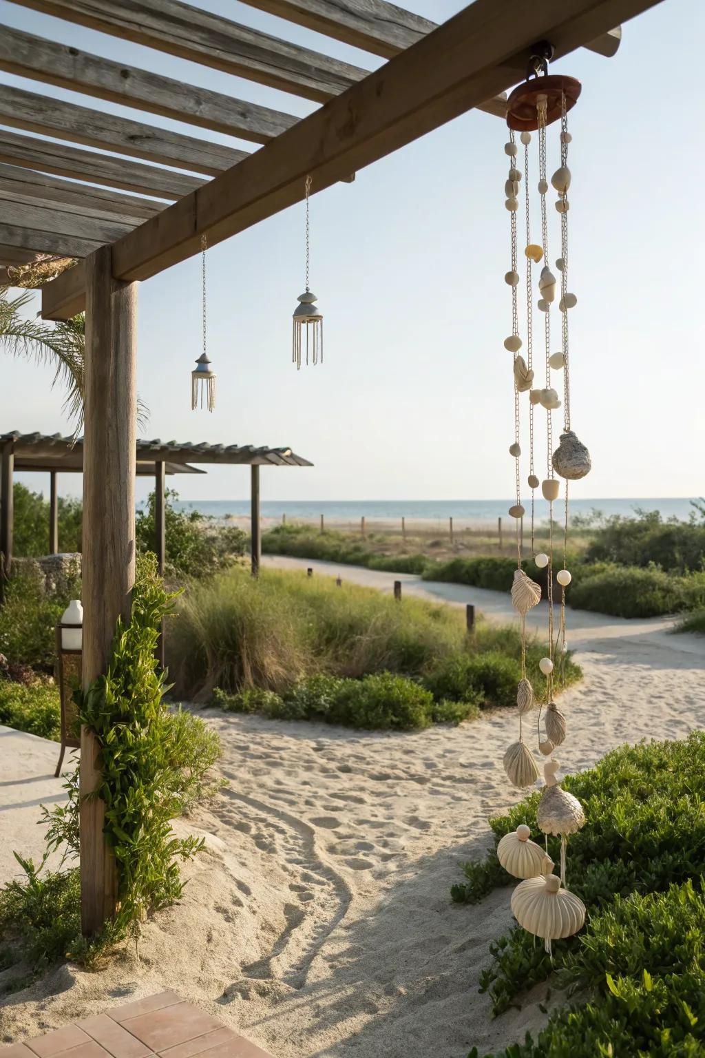 Wind chimes add a touch of serenity to the beach atmosphere.