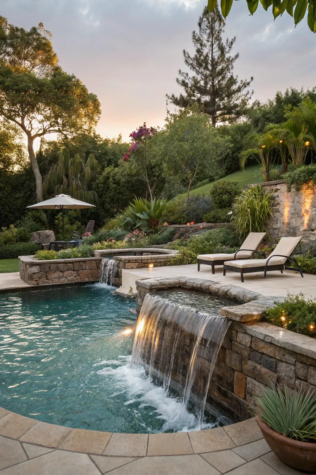 Spas with waterfalls offer relaxation and beauty.