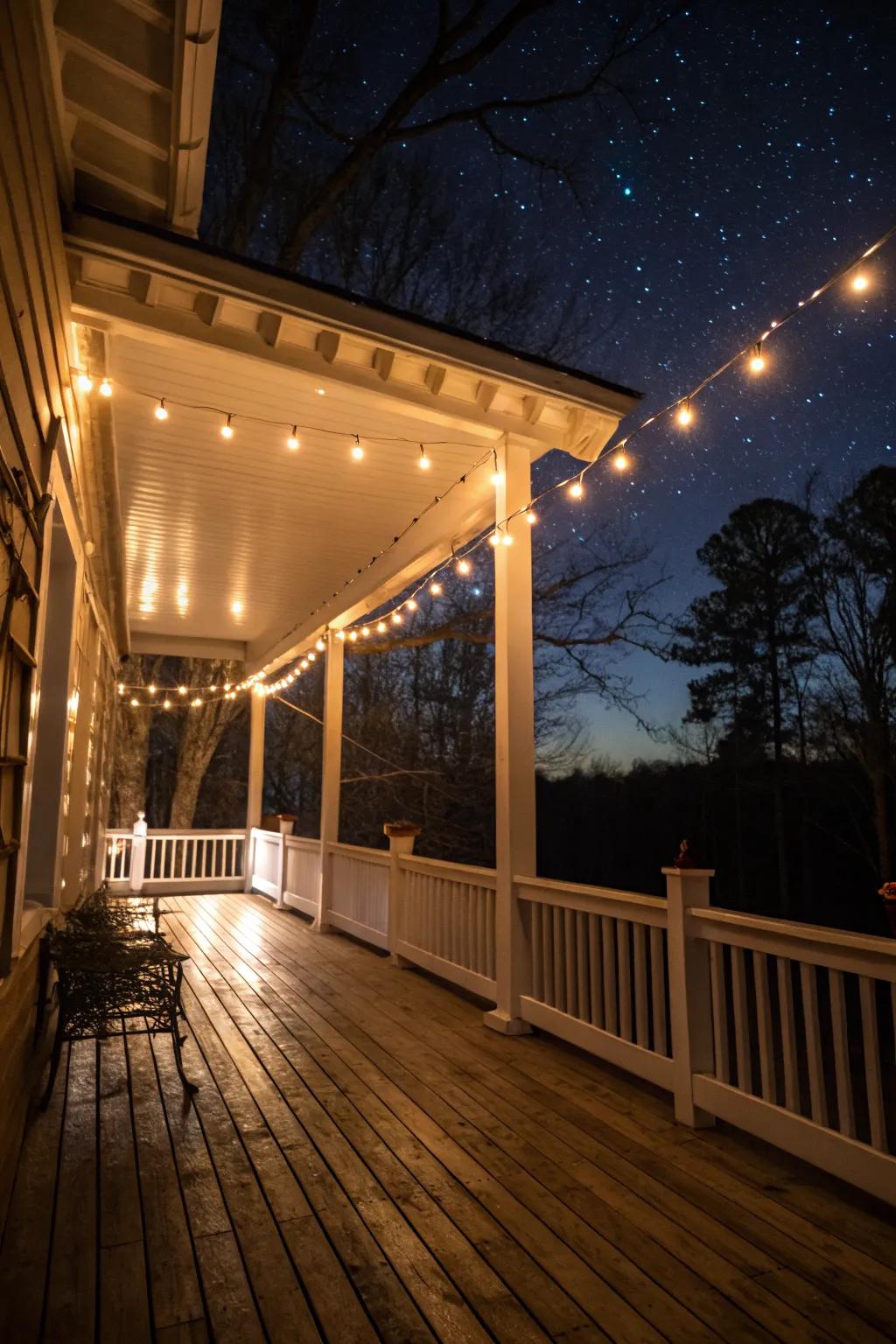 String lights add a magical touch to evening porches.