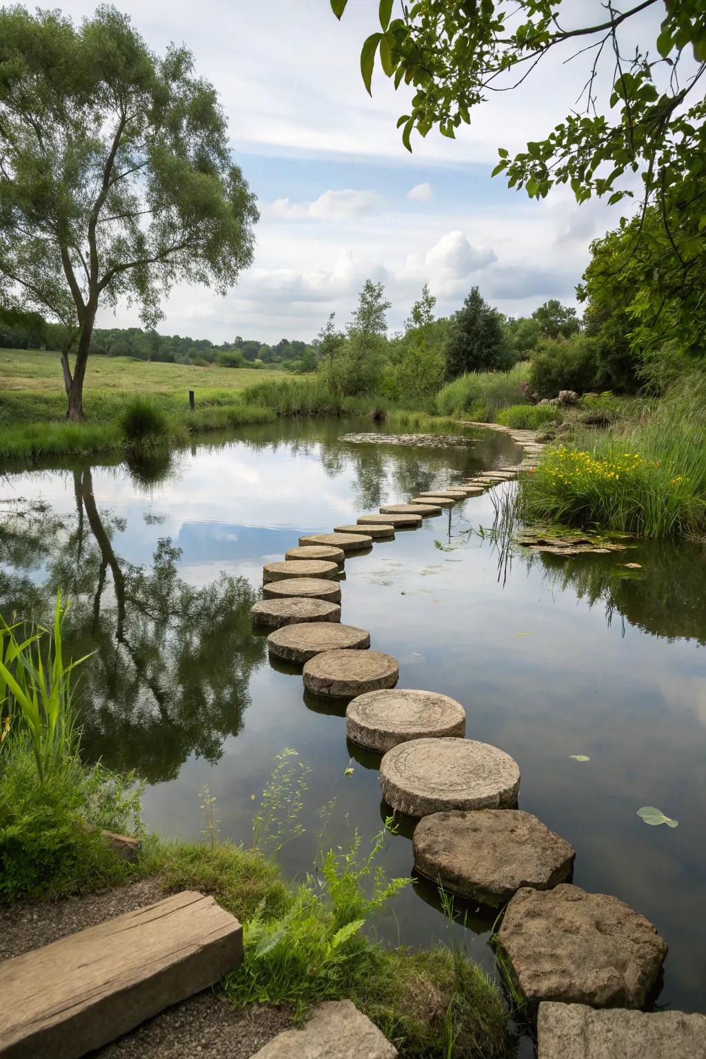 Stepping stones offer a playful path across the pond.