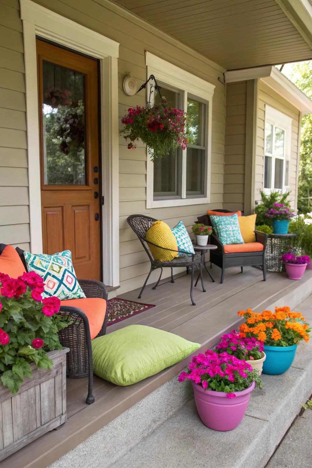 Add vibrancy with colorful cushions and planters.