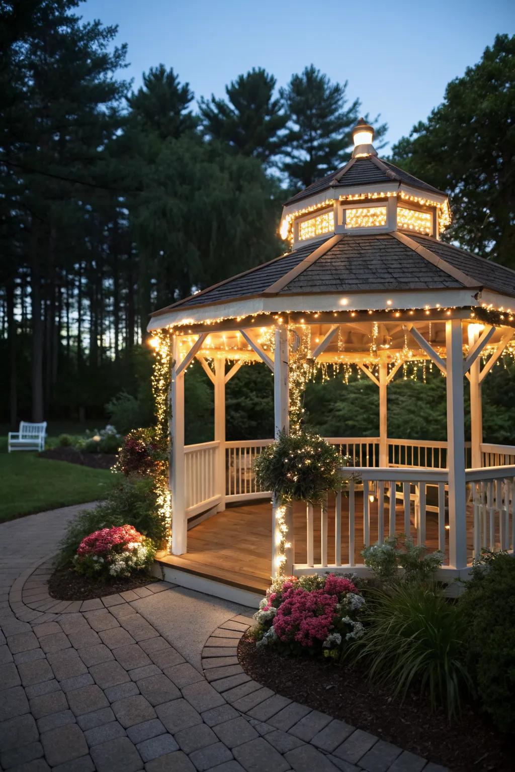Solar lighting adds an eco-friendly touch to this gazebo.