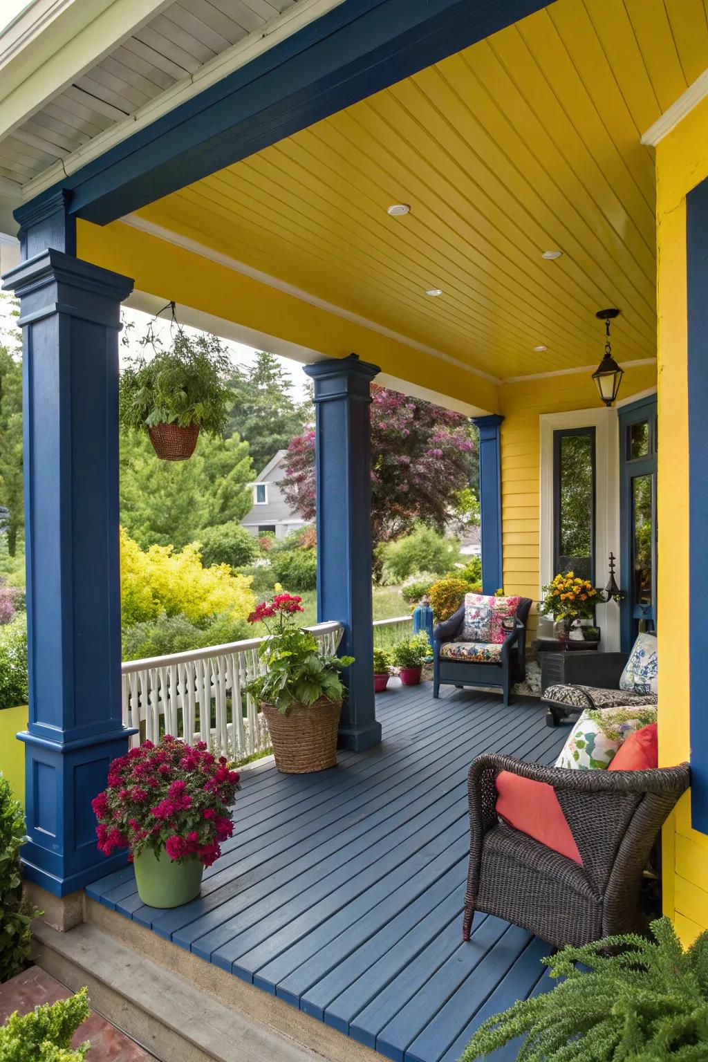 A bold color palette making a striking porch statement.