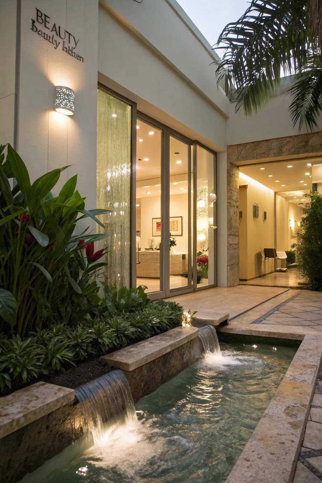 A beauty salon entrance featuring a soothing and elegant water feature.