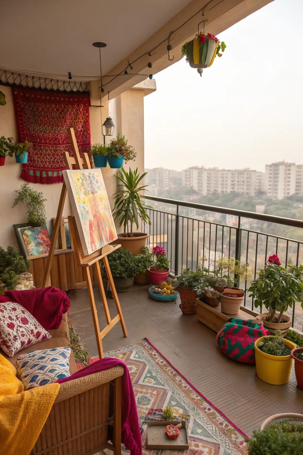 A balcony turned into a vibrant artistic retreat.