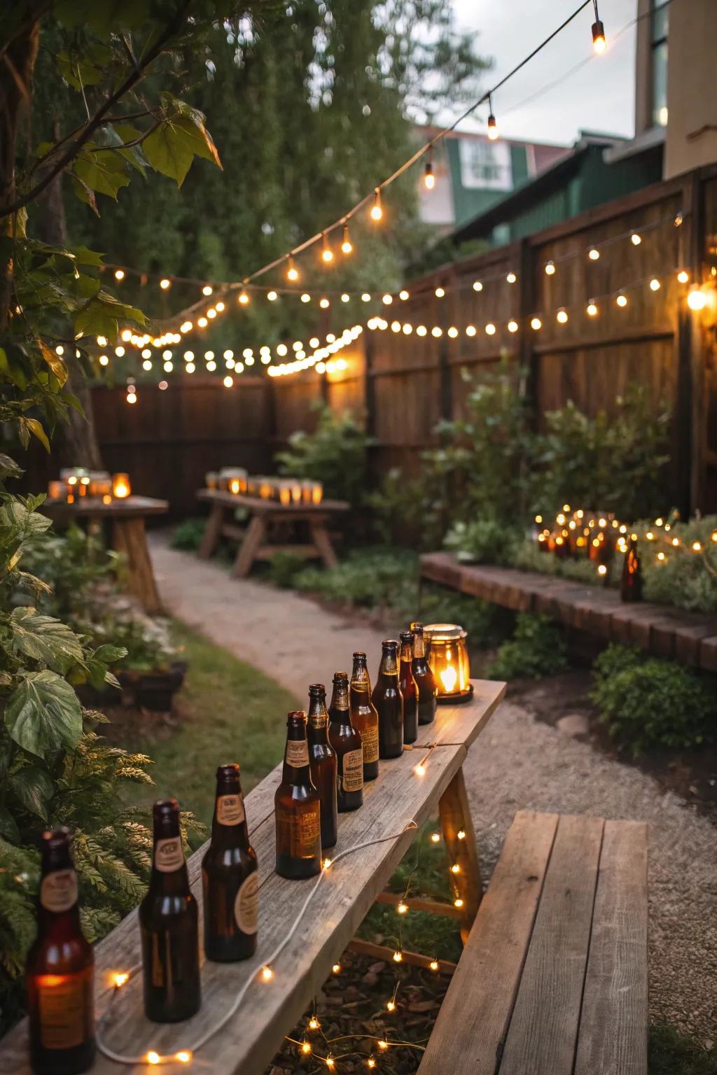 Repurposed beer bottles add charm and uniqueness.
