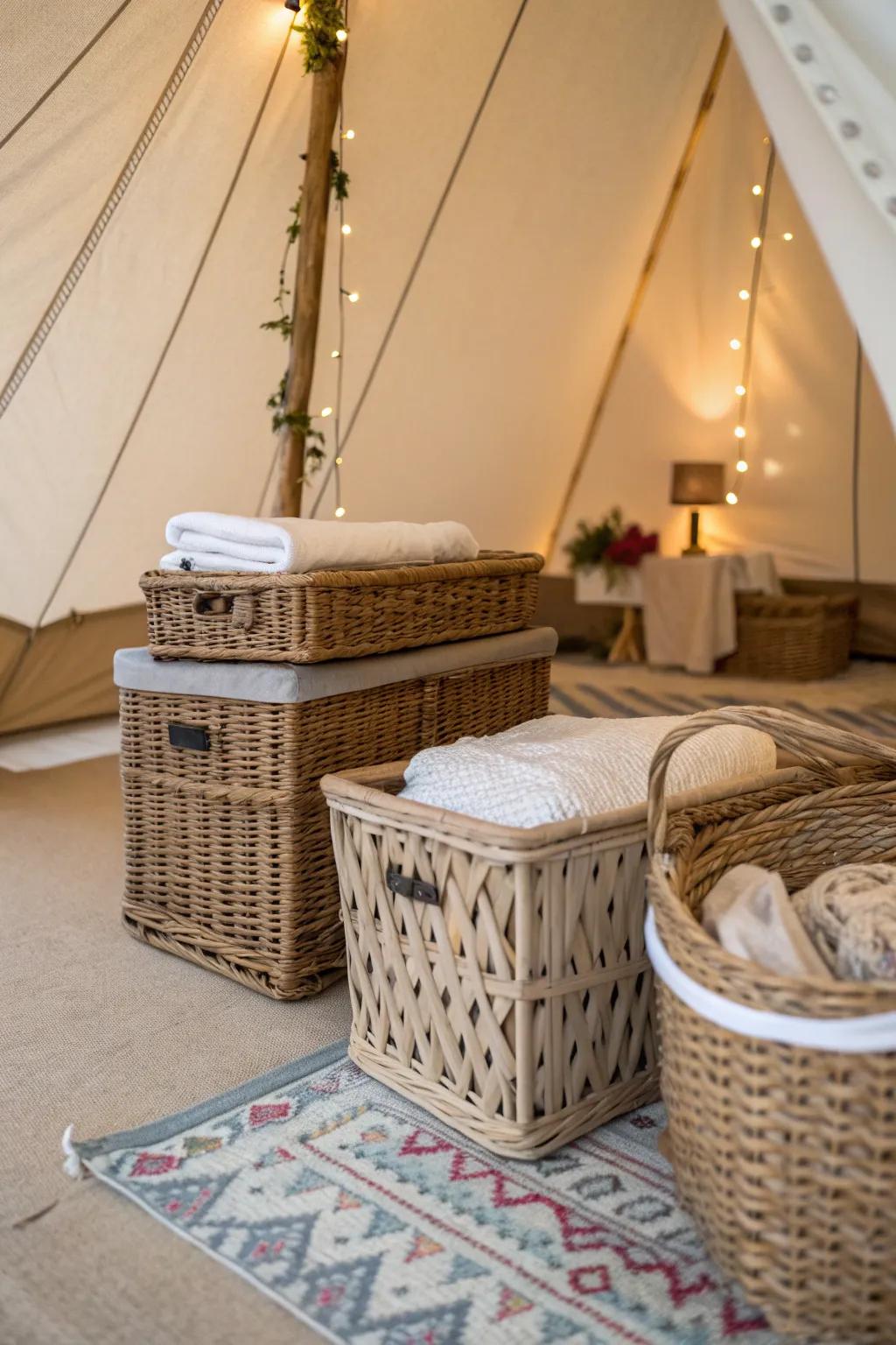 Chic storage solutions keep your tent organized.
