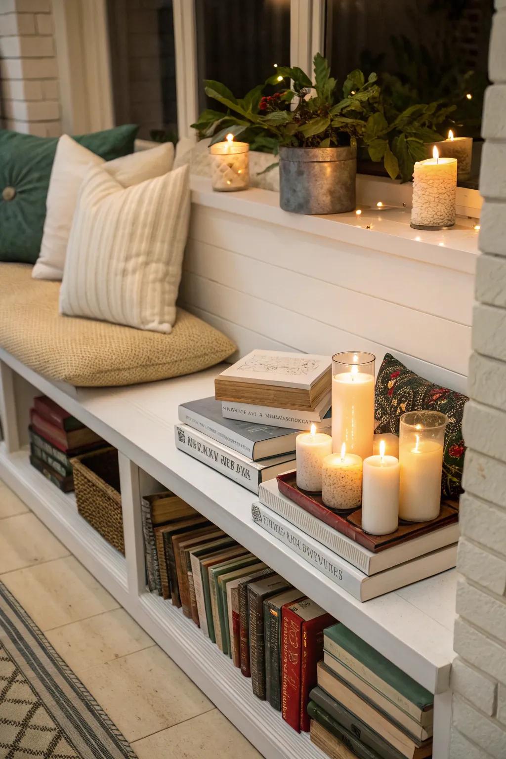 A bench creatively used as a display space.