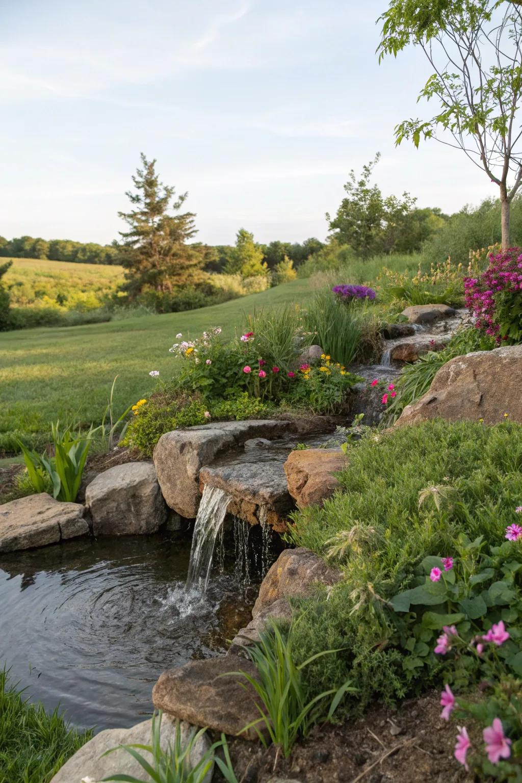 A tranquil water feature integrated into a garden berm.