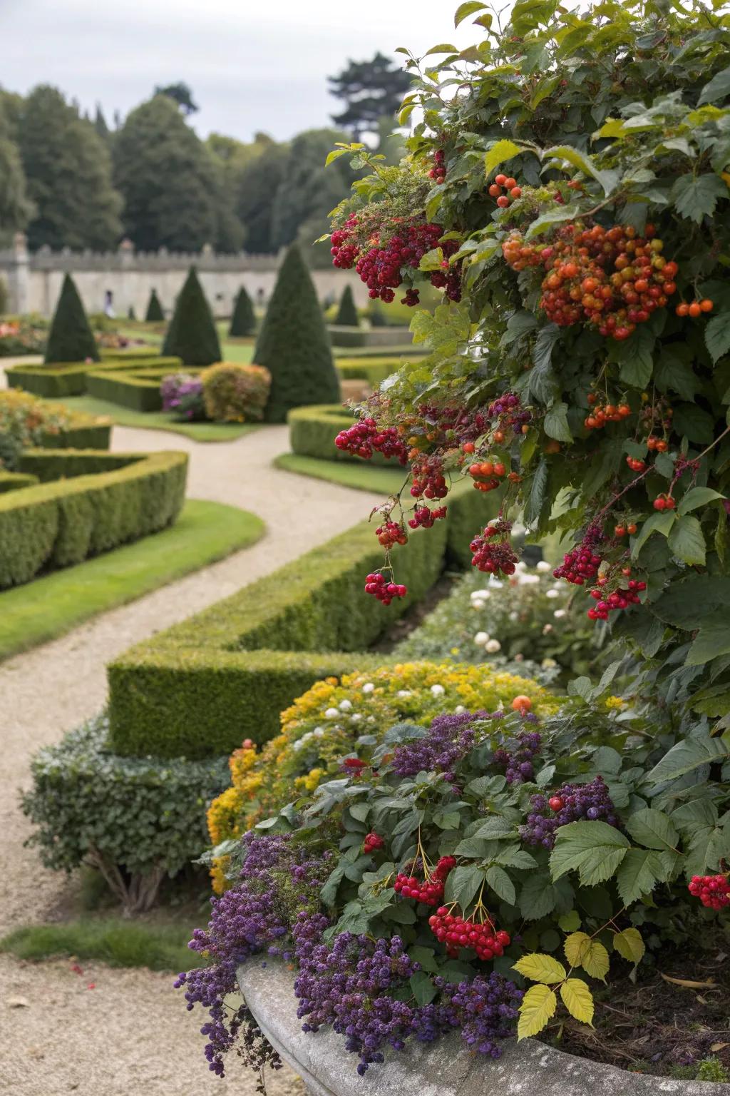 An ornamental landscape where berry plants serve both decorative and edible purposes.