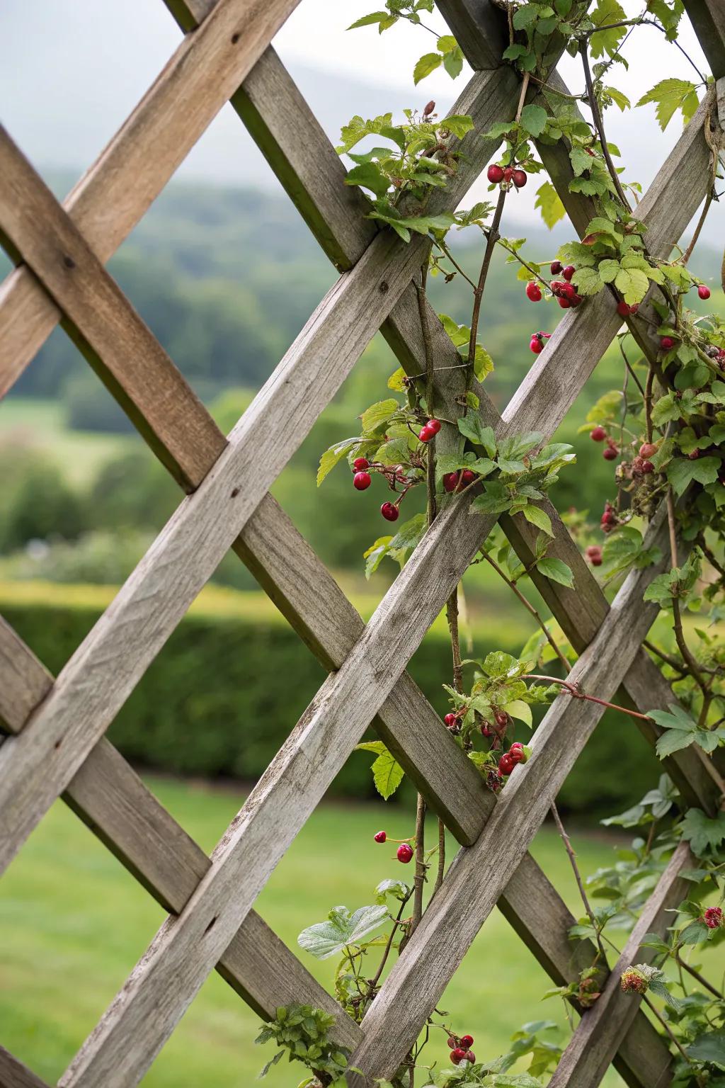 Geometric pattern trellis adds an architectural element to garden spaces.
