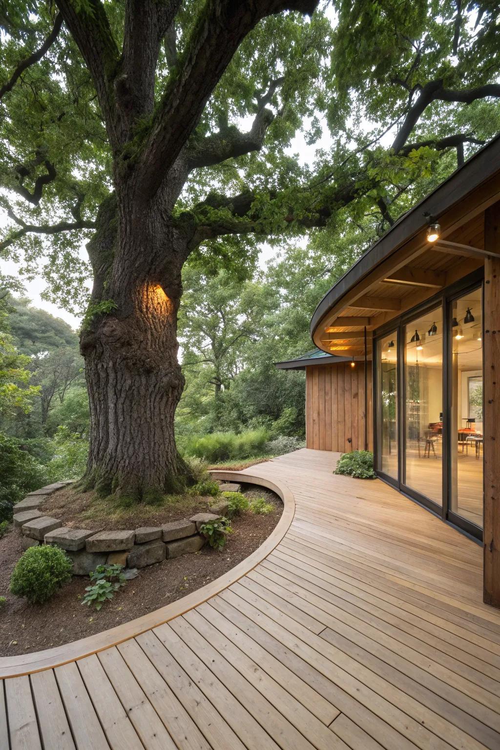 A unique deck designed around a tree, blending seamlessly with nature.