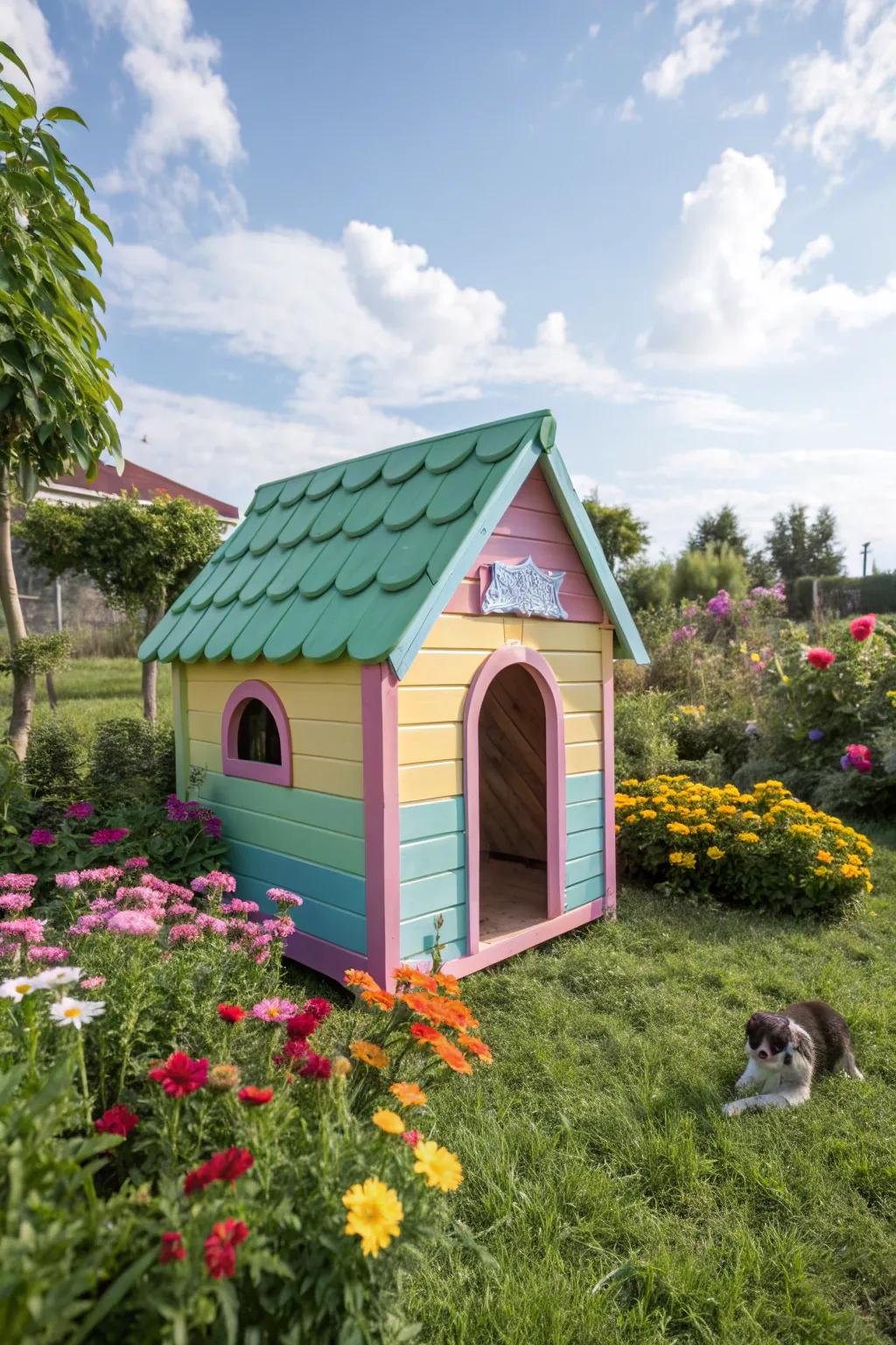 A cheerful and colorful dog house in pastel shades.
