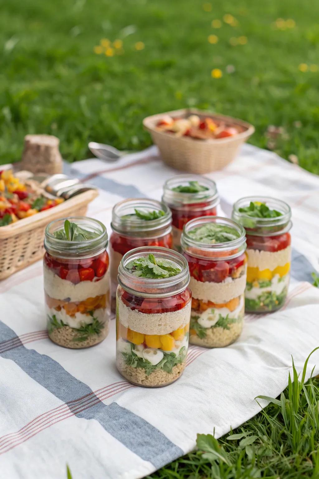 Colorful mason jar salads perfect for a picnic.