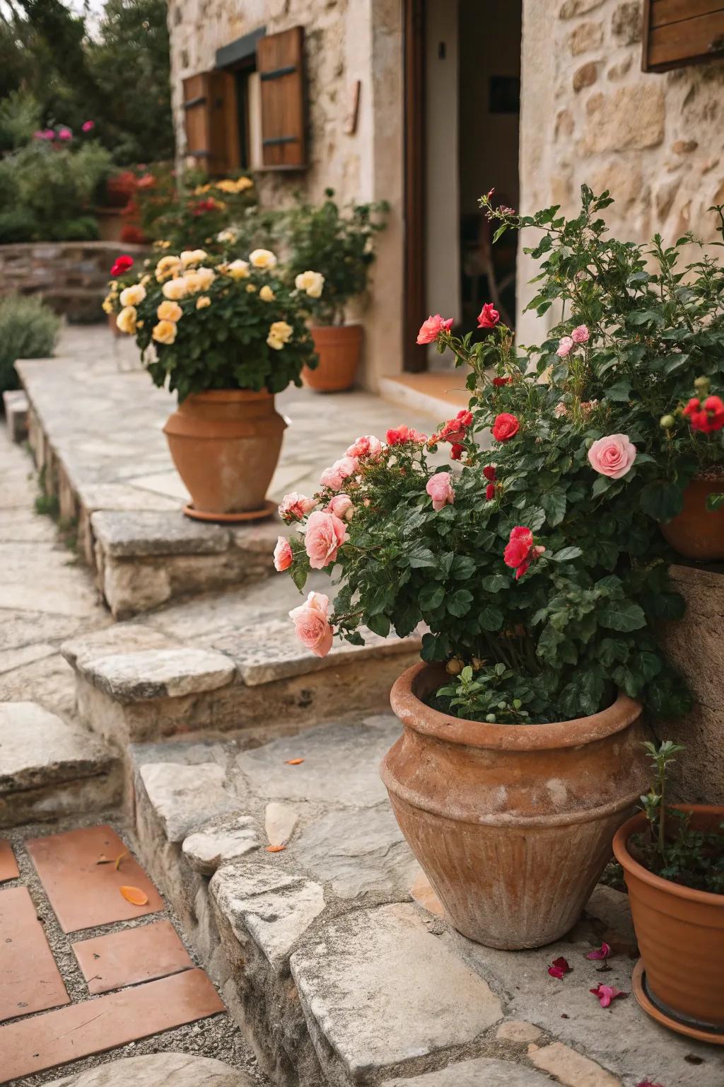 Terracotta pots enhancing the garden's rustic charm.