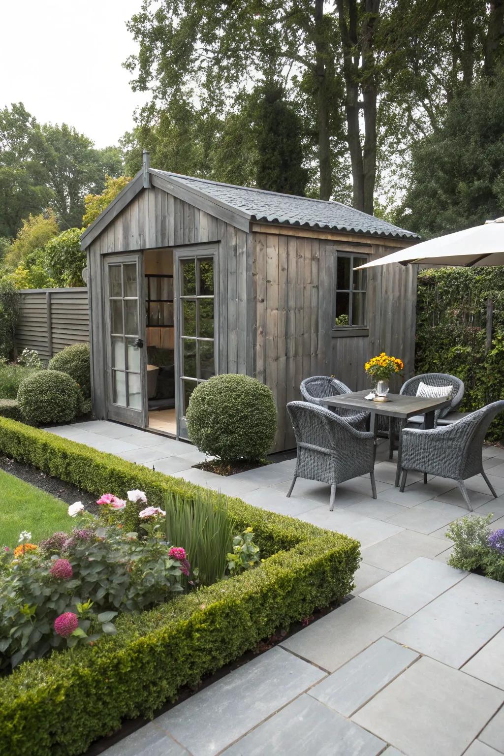 Slate stain offers a sleek, modern edge to garden sheds.
