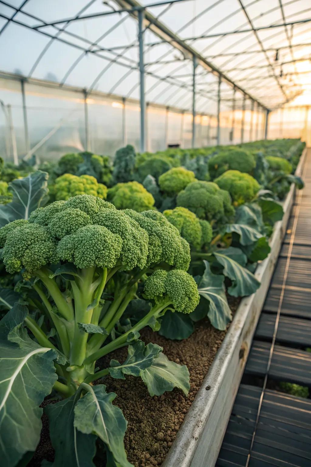 Hearty broccoli flourishing in a greenhouse, ready to be harvested for nutritious meals.