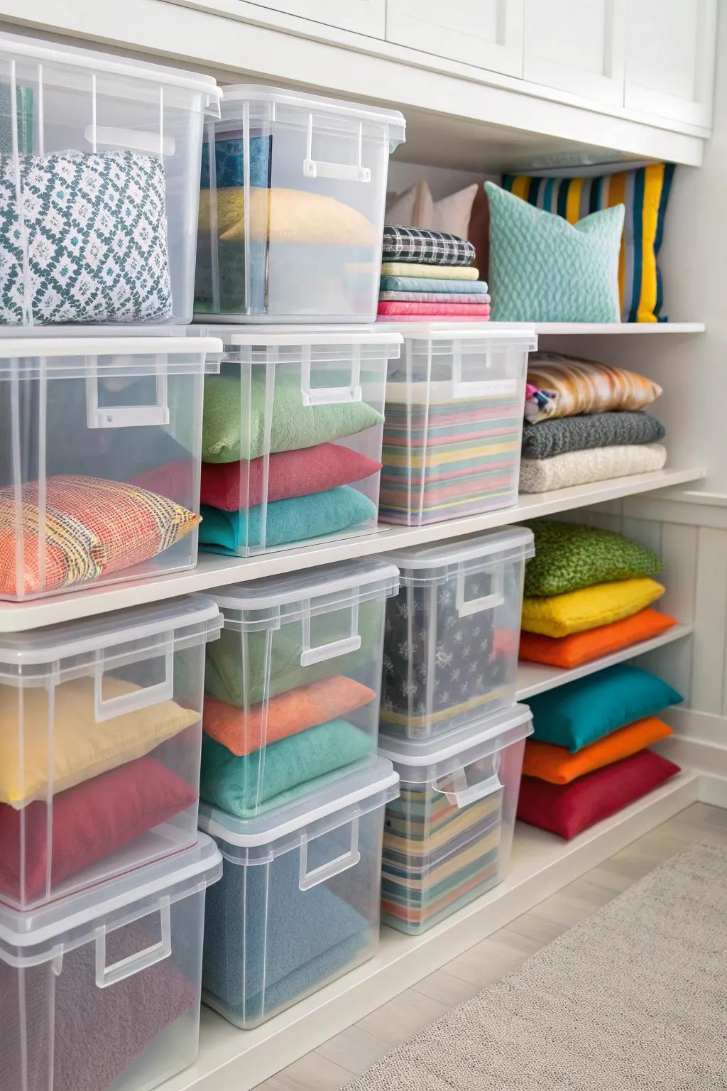 Transparent boxes offering easy visibility and organization for cushions