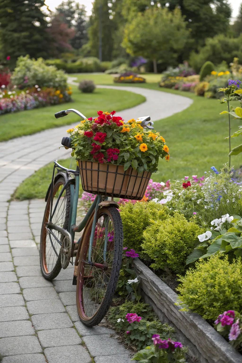 Keep your garden dynamic with seasonal blooms in bicycle planters.
