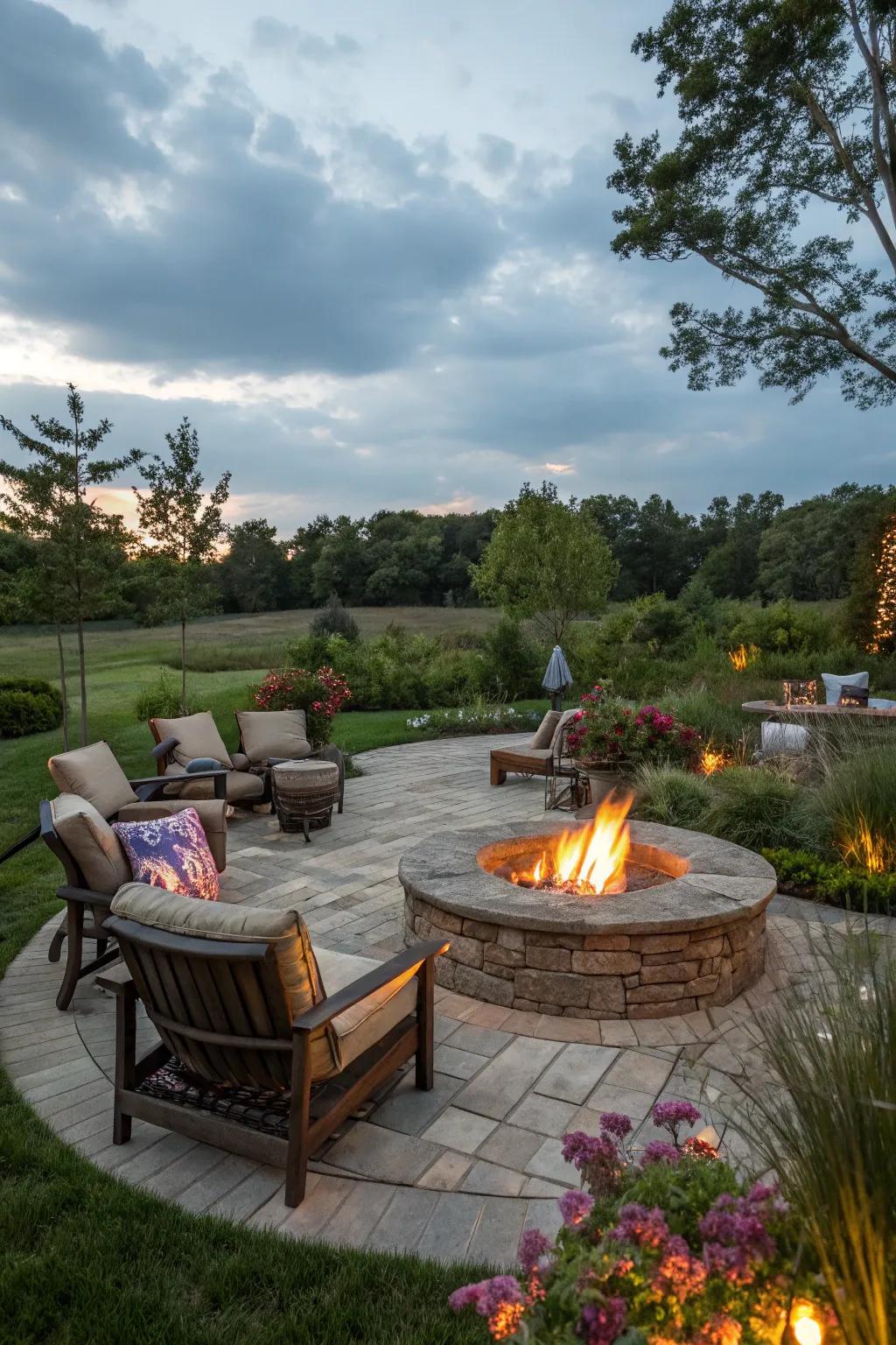 An inviting fire pit surrounded by comfortable seating in a garden.