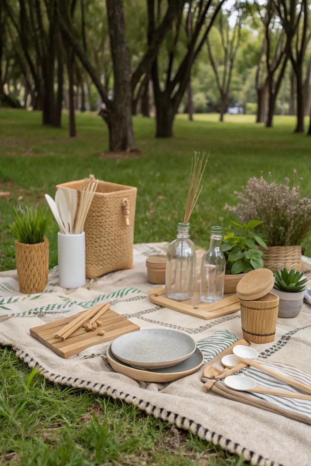 An eco-friendly picnic with reusable tableware and sustainable decor.