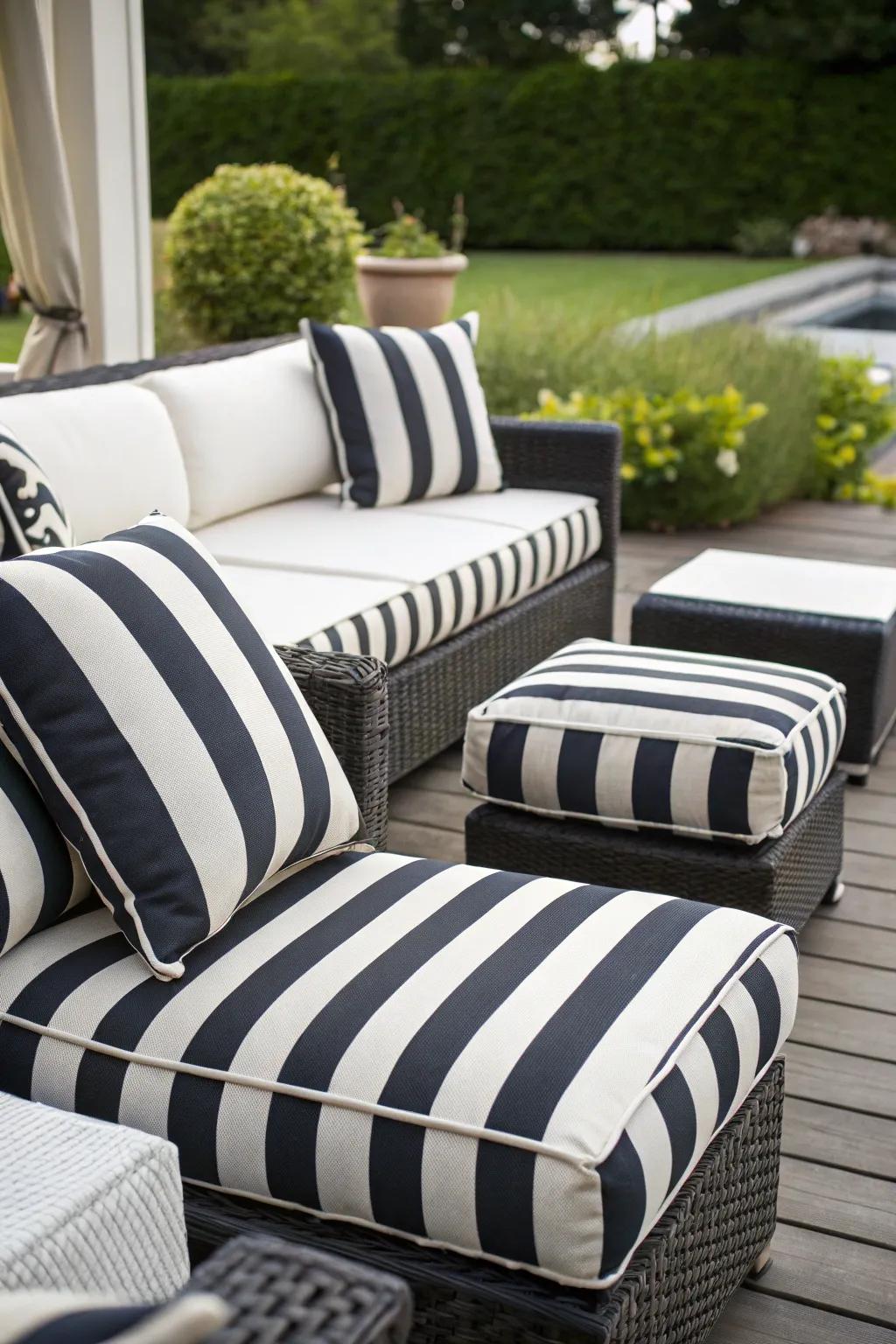 Different stripe dimensions create a dynamic patio look.