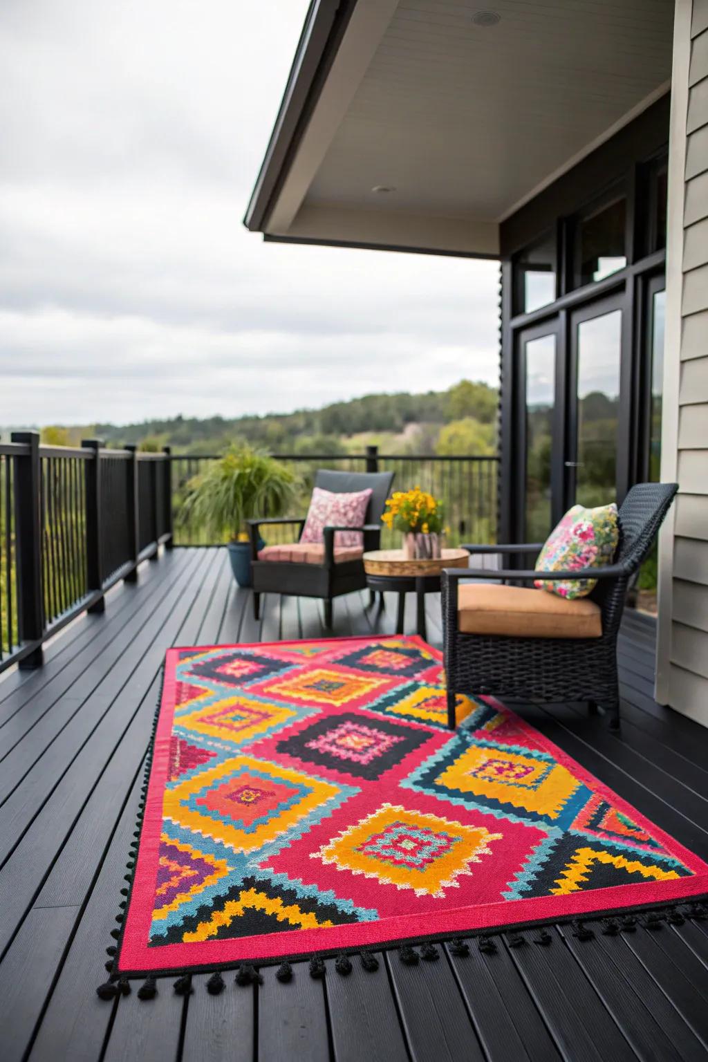 Add warmth and style with a statement rug on your deck.