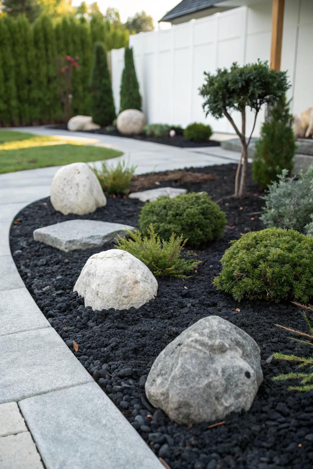 Minimalist garden aesthetics with black mulch and boulders.