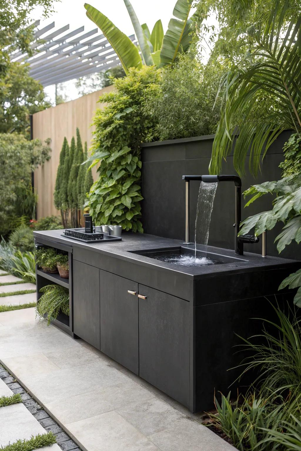 A water feature adds tranquility and beauty to the kitchen.